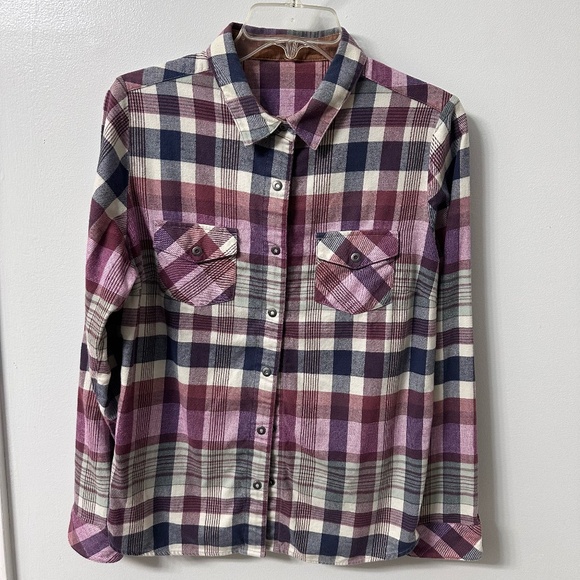 Kuhl Tess Flannel Shirt Womens‎ S/M Fuchsia Navy Plaid Snap Front Long Sleeve - Picture 1 of 10